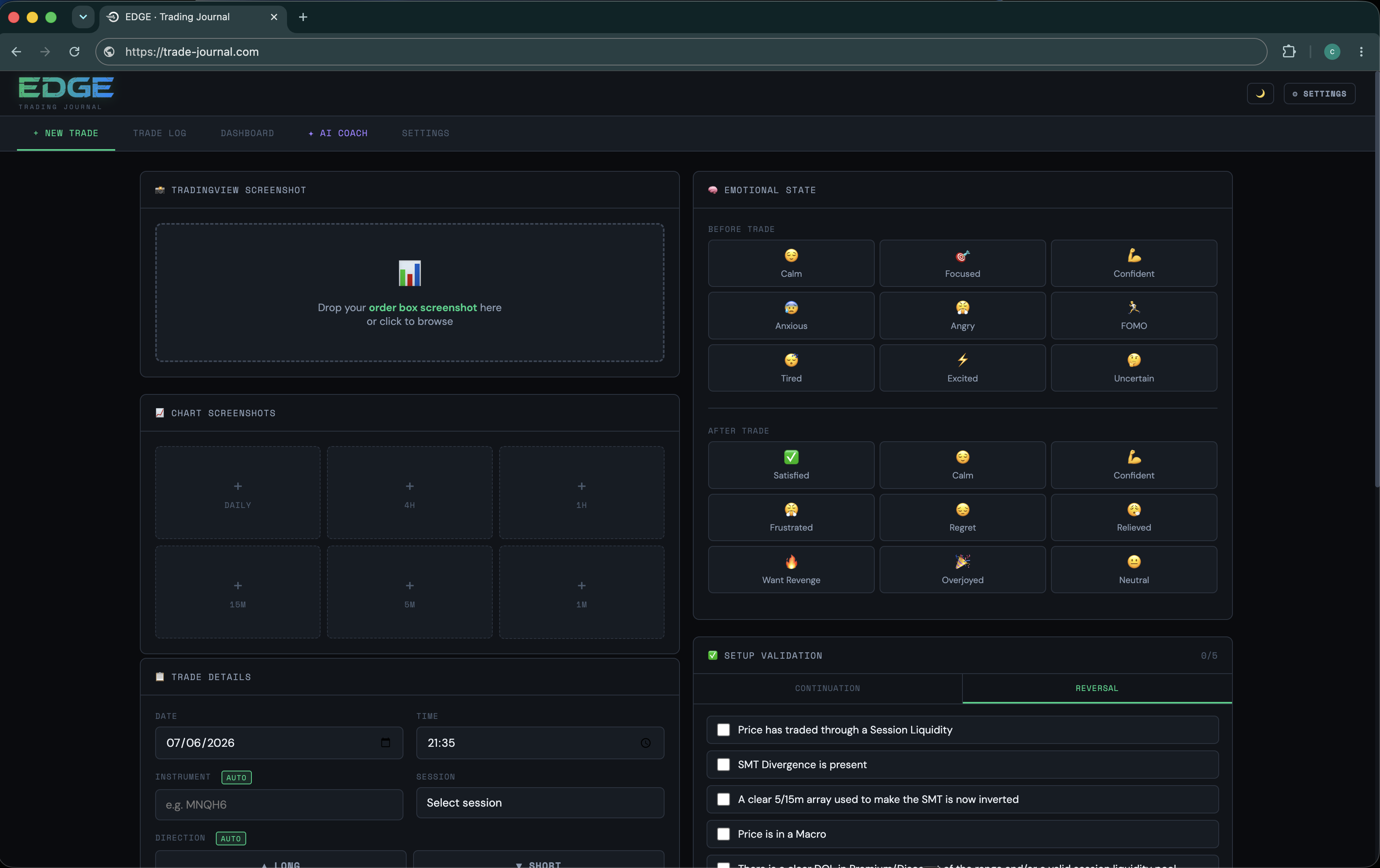 Logging a trade — TradingView screenshot parsing, emotional state and setup checklist