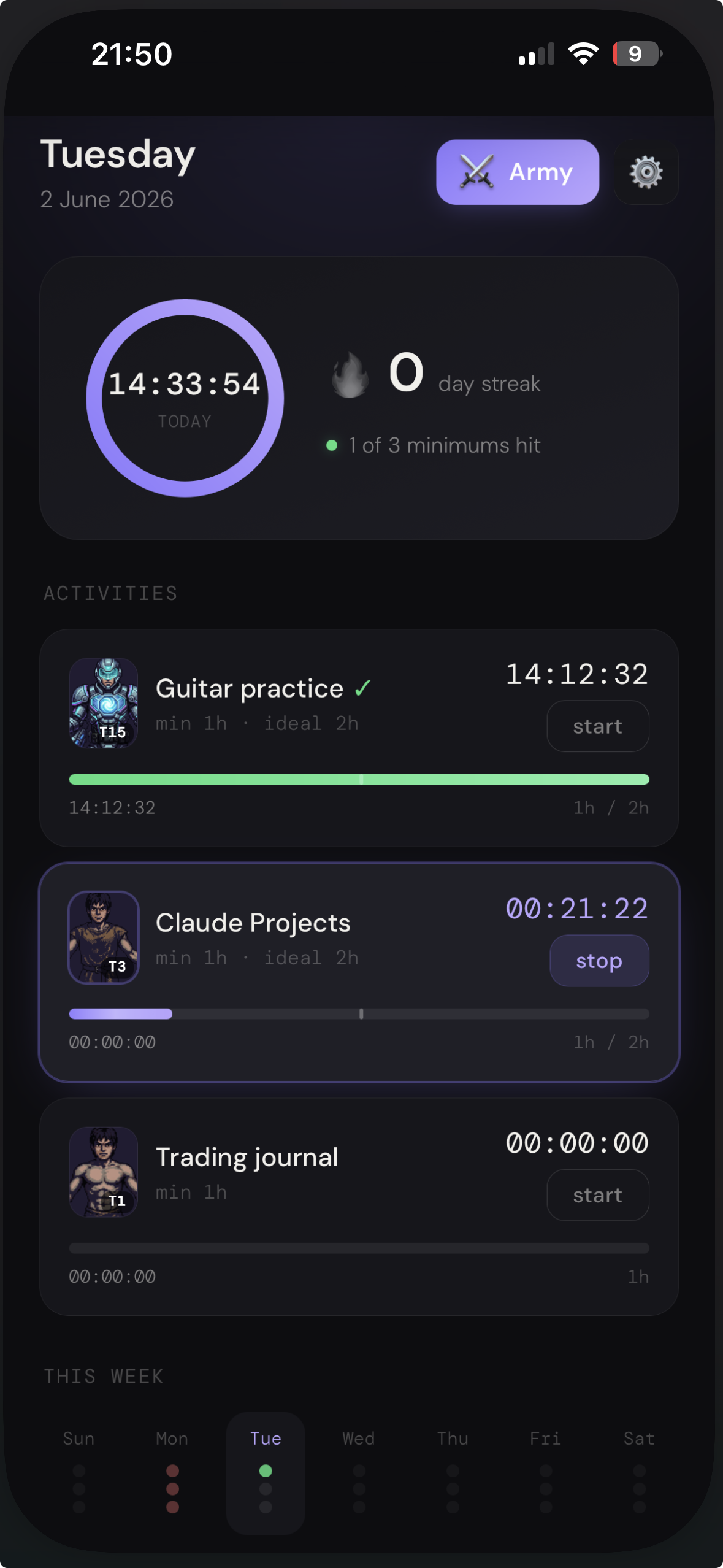 Minutes from War gamified time tracker on iPhone