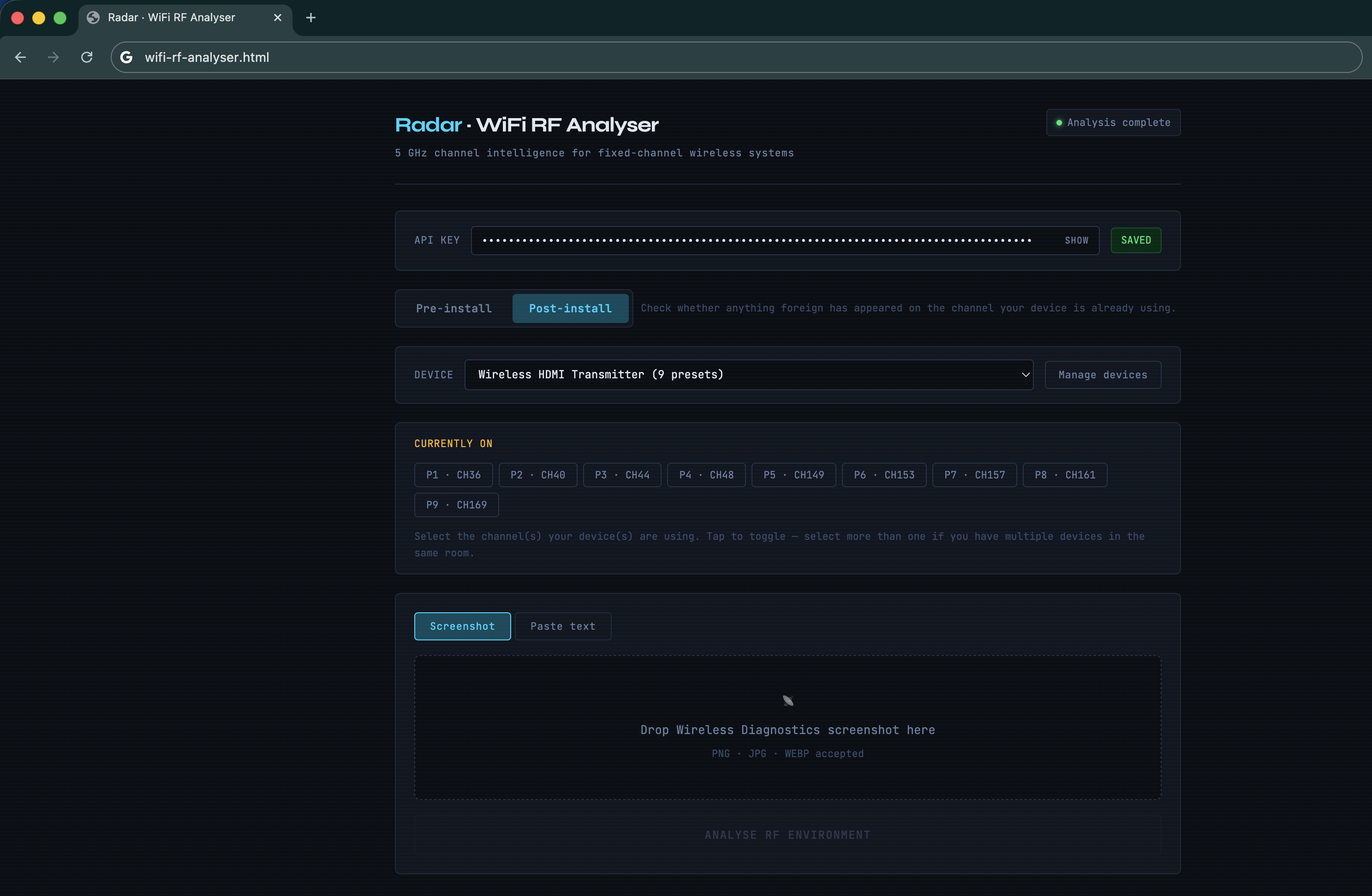Radar WiFi analyser showing channel congestion